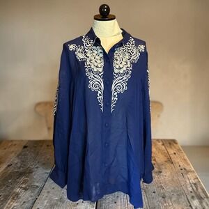 Bob Mackie VTG Wearable Art SILK Embroidered Blouse Blue Floral Cutout Plus 1X